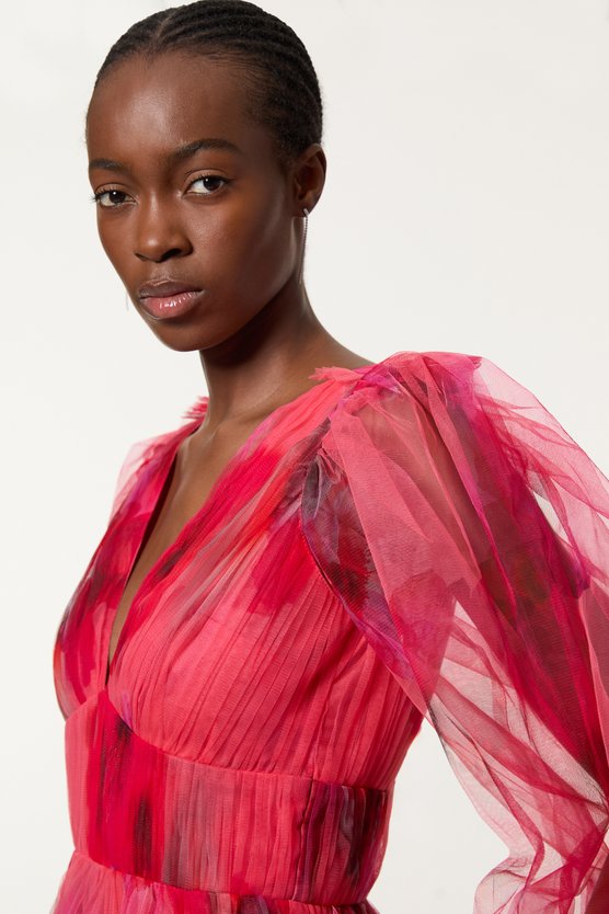 Karen Millen Spring Floral Tulle Plunge Mini Dress Pink