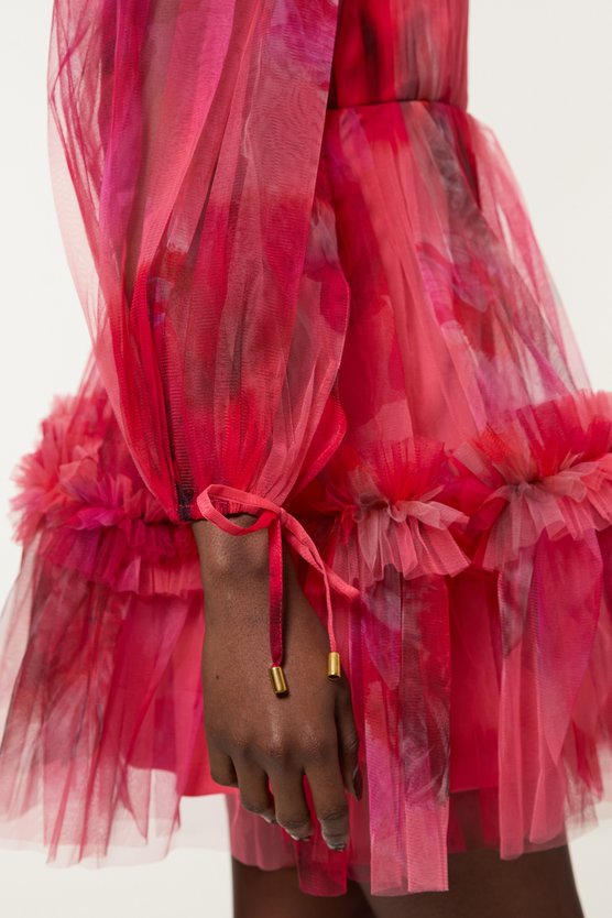 Karen Millen Spring Floral Tulle Plunge Mini Dress Pink