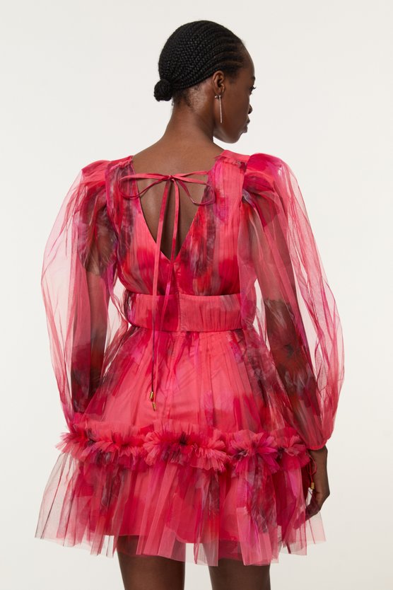 Karen Millen Spring Floral Tulle Plunge Mini Dress Pink