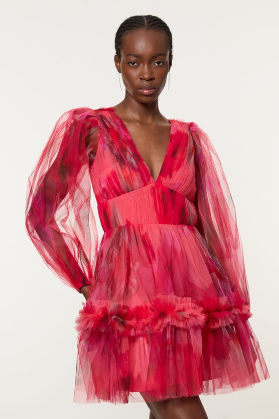 karen millen Spring Floral Tulle Plunge Mini Dress pink