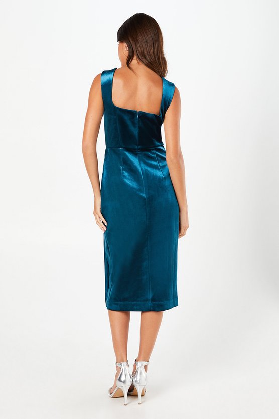 Karen Millen Square Neck Bonded Velvet Pencil Dress Teal