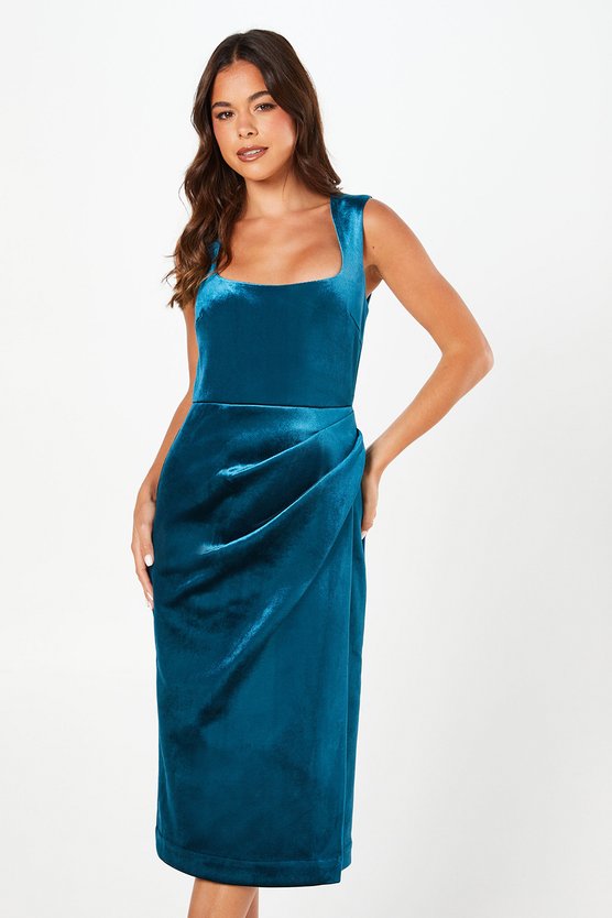 karen millen Square Neck Bonded Velvet Pencil Dress teal