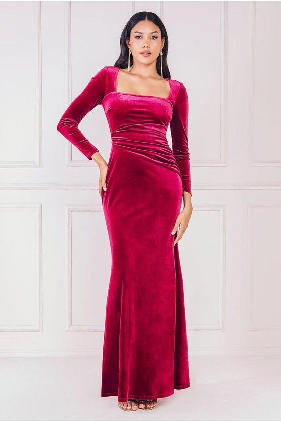 karen millen Square Neck Gathered Waist Velvet Maxi Wine