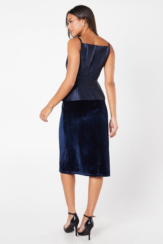 Karen Millen Square Neck Twill Bodice Velvet Skirt Pencil Dress Navy