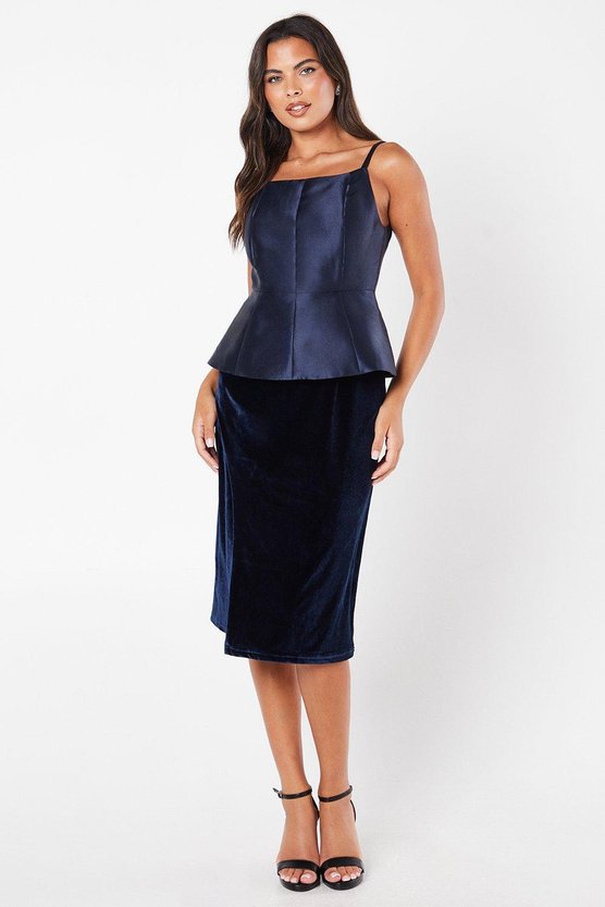 karen millen Square Neck Twill Bodice Velvet Skirt Pencil Dress navy