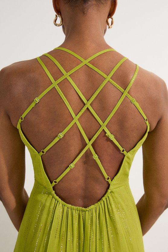 Karen Millen Strappy Metallic Viscose Georgette Beach Dress Lime