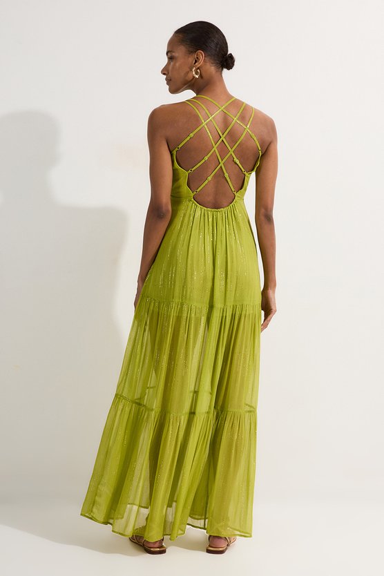 Karen Millen Strappy Metallic Viscose Georgette Beach Dress Lime
