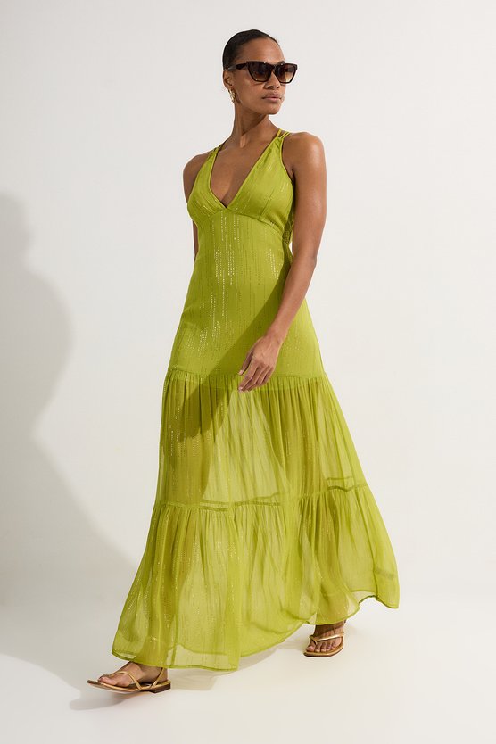 karen millen Strappy Metallic Viscose Georgette Beach Dress lime