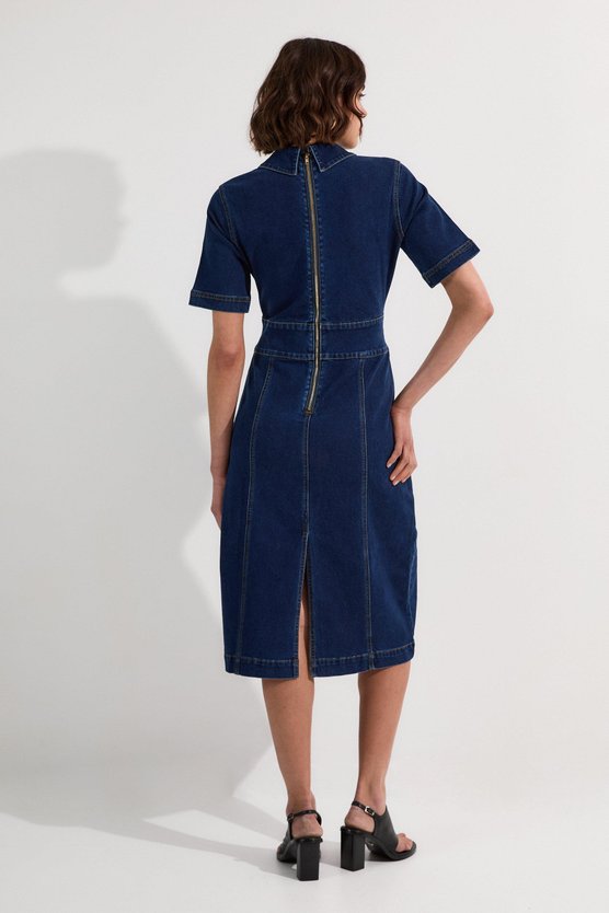 Karen Millen Stretch Denim Snaffle Trim Collared Midi Dress Mid Wash