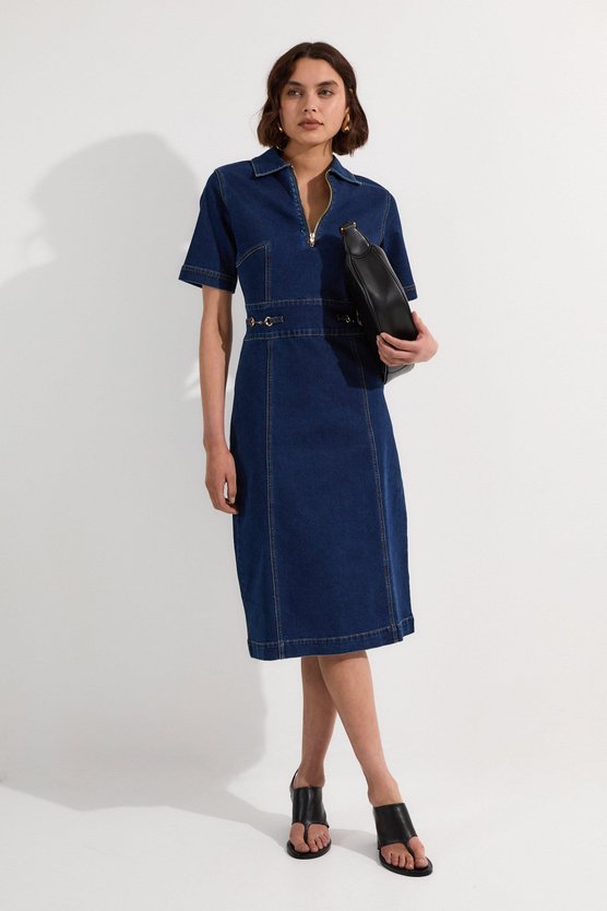 karen millen Stretch Denim Snaffle Trim Collared Midi Dress mid wash