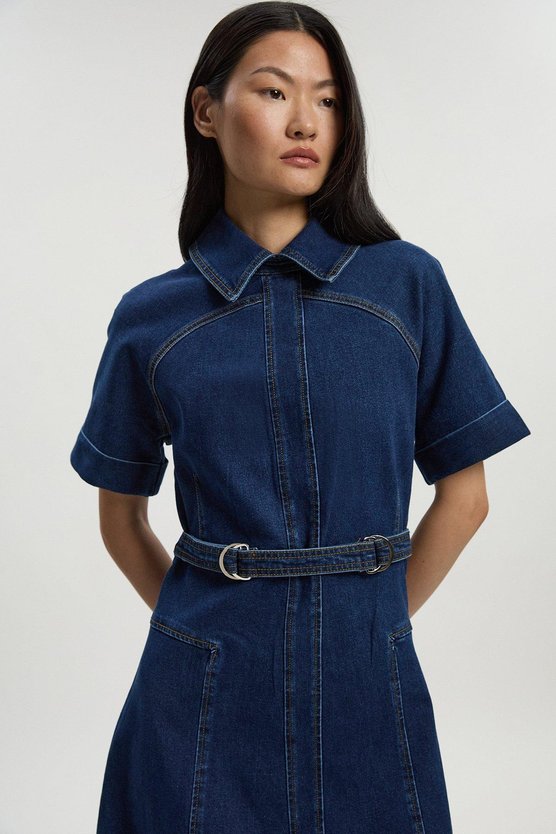 Karen Millen Stretch Denim Tab Belt Detail Midi Dress Mid Wash