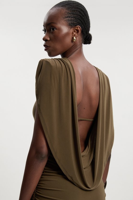 Karen Millen Stretch Drapey Crepe Ruched Plunge Back Detail Midi Dress Khaki