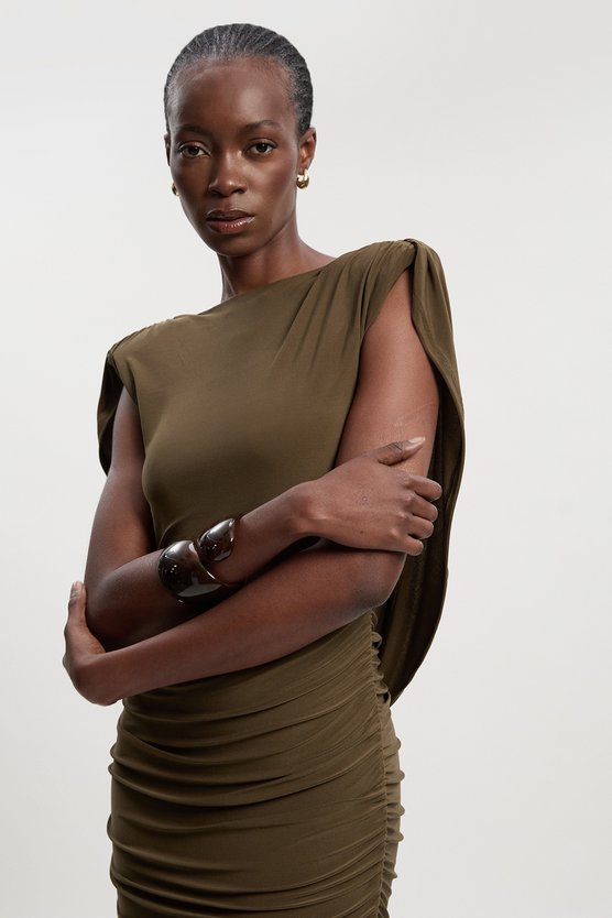 Karen Millen Stretch Drapey Crepe Ruched Plunge Back Detail Midi Dress Khaki