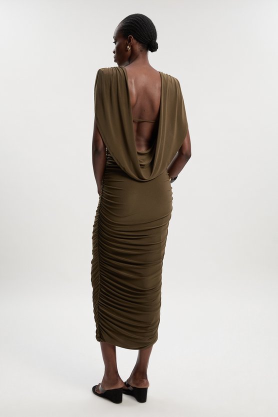 Karen Millen Stretch Drapey Crepe Ruched Plunge Back Detail Midi Dress Khaki