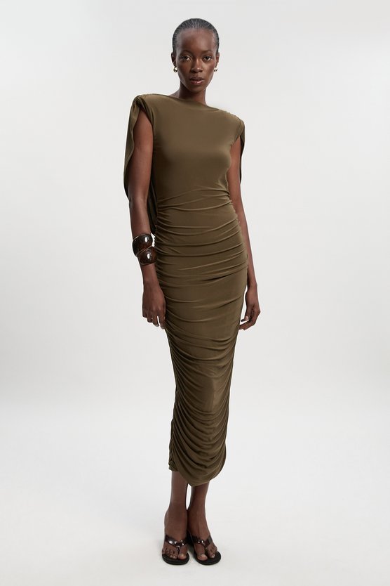 karen millen Stretch Drapey Crepe Ruched Plunge Back Detail Midi Dress khaki karen millen Stretch Drapey Crepe Ruched Plunge Back Detail Midi Dress khaki