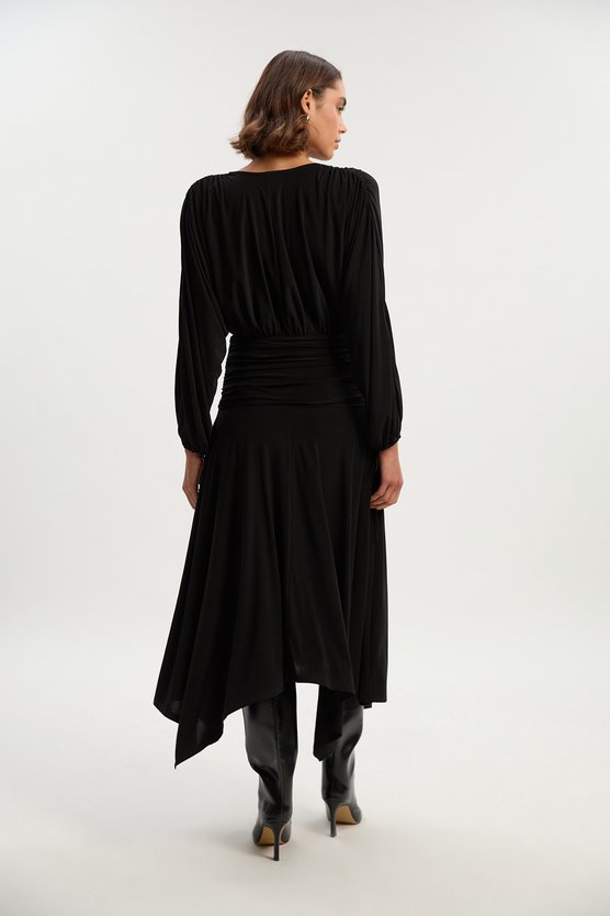 Karen Millen Stretch Drapey Crepe Ruched Plunge Neck Batwing Sleeve Maxi Dress Black