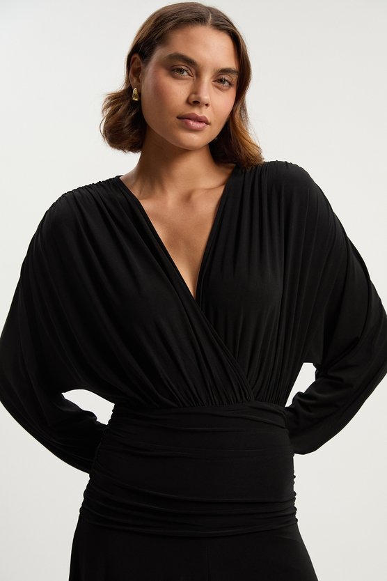 Karen Millen Stretch Drapey Crepe Ruched Plunge Neck Batwing Sleeve Maxi Dress Black