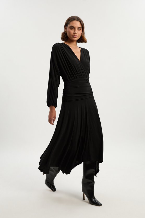 karen millen Stretch Drapey Crepe Ruched Plunge Neck Batwing Sleeve Maxi Dress black