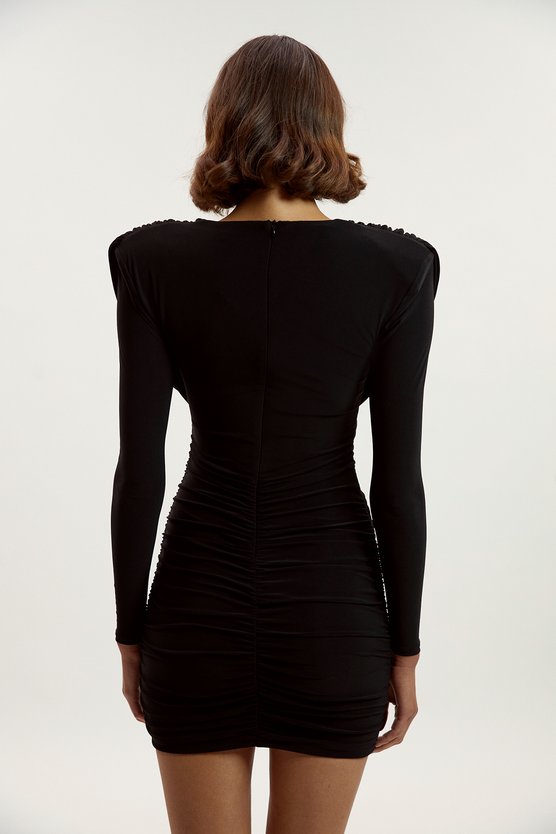 Karen Millen Stretch Drapey Crepe Ruched Plunge Neck Long Sleeve Mini Dress Black