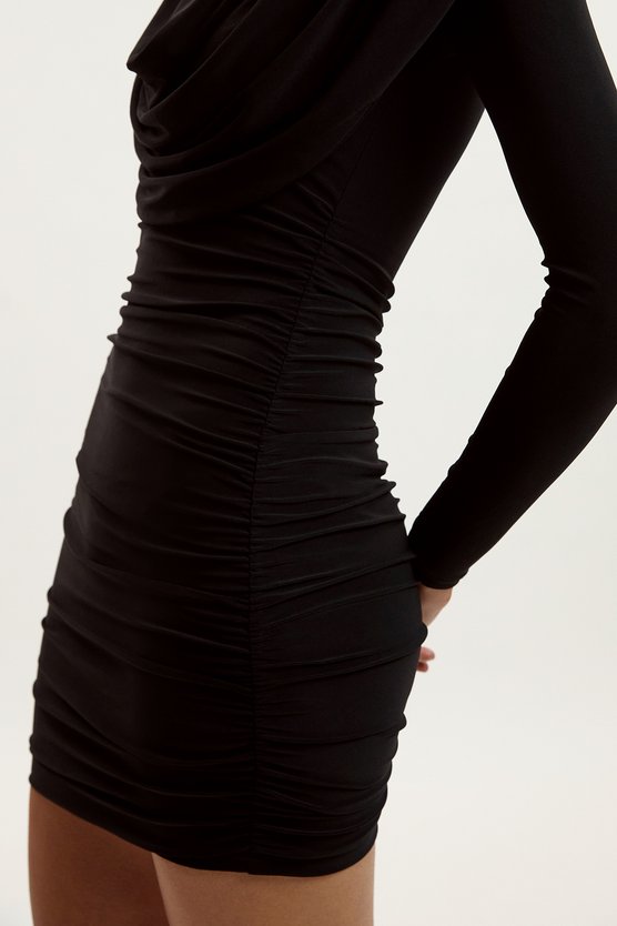 Karen Millen Stretch Drapey Crepe Ruched Plunge Neck Long Sleeve Mini Dress Black