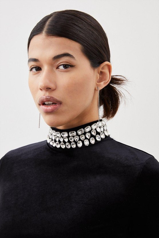 Karen Millen Stretch Velvet Crystal Embellished Long Sleeve Maxi Dress Black