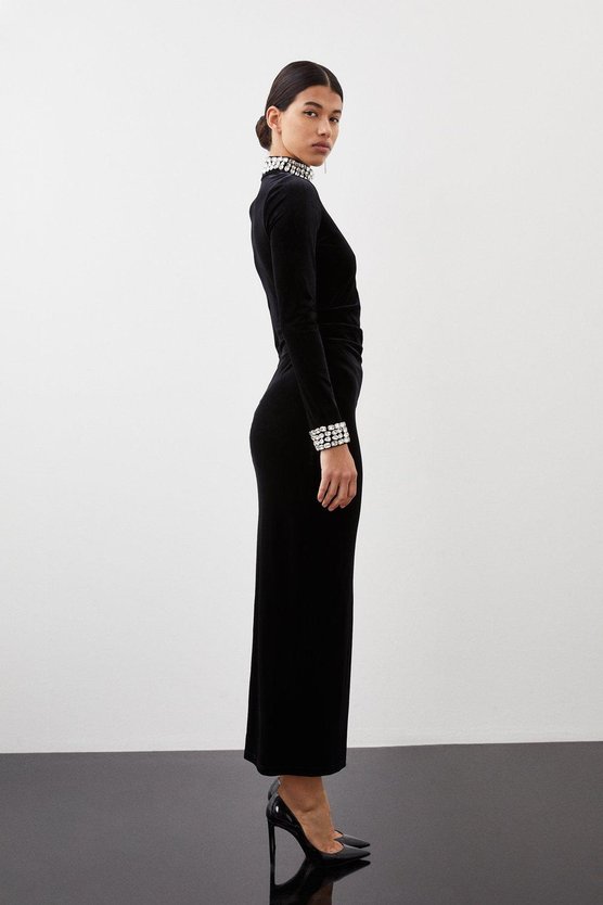 Karen Millen Stretch Velvet Crystal Embellished Long Sleeve Maxi Dress Black