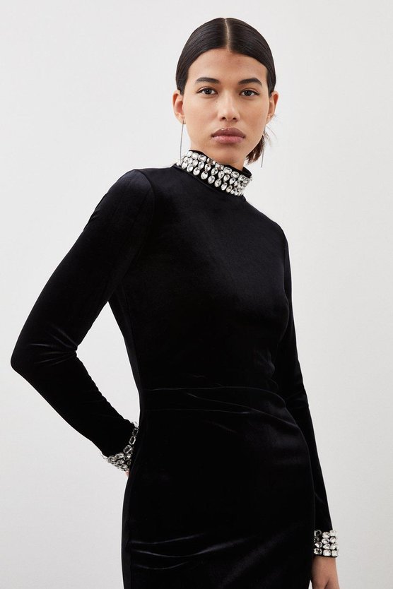 Karen Millen Stretch Velvet Crystal Embellished Long Sleeve Maxi Dress Black