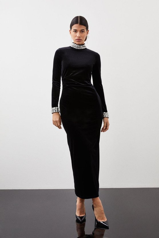 karen millen Stretch Velvet Crystal Embellished Long Sleeve Maxi Dress black