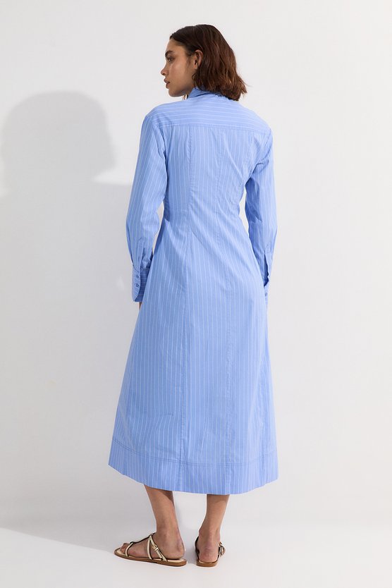 Karen Millen Stripe Cotton Rosette Woven Shirt Maxi Dress Blue