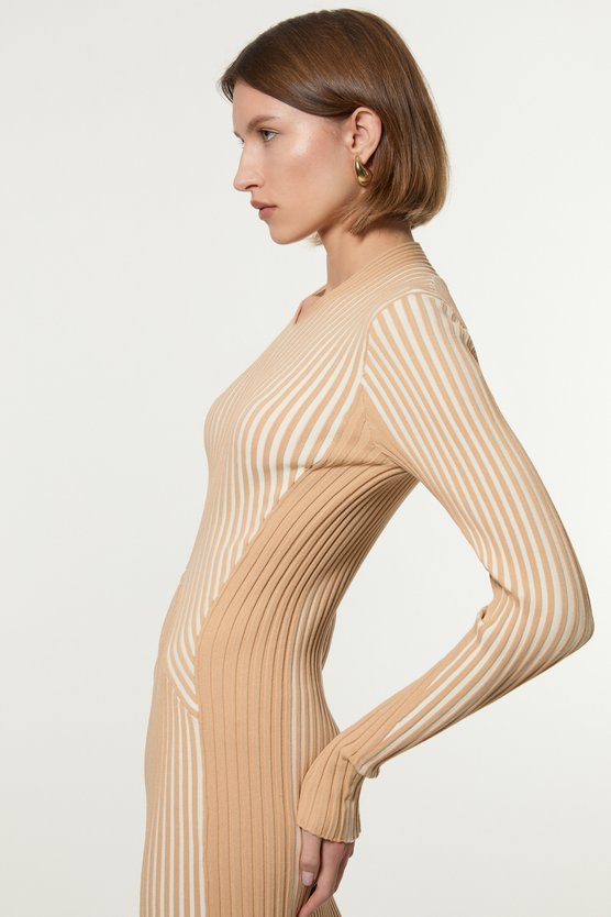 Karen Millen Stripe Fitted Long Sleeve Knitted Midi Dress Navy