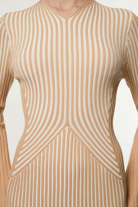 Karen Millen Stripe Fitted Long Sleeve Knitted Midi Dress Navy