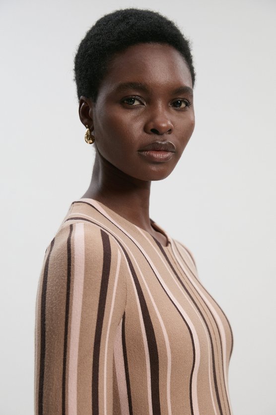 Karen Millen Stripe Viscose Blend Asymmetric Hem Knit Midi Dress Camel