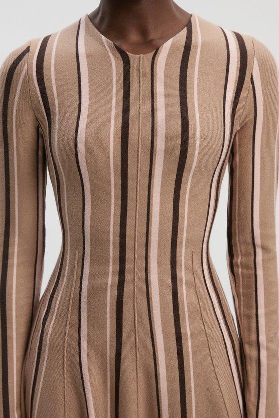Karen Millen Stripe Viscose Blend Asymmetric Hem Knit Midi Dress Camel