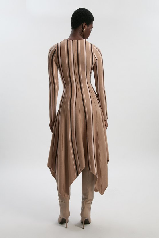 Karen Millen Stripe Viscose Blend Asymmetric Hem Knit Midi Dress Camel