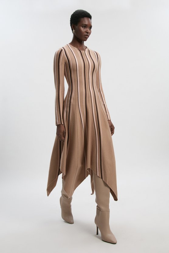 karen millen Stripe Viscose Blend Asymmetric Hem Knit Midi Dress camel karen millen Stripe Viscose Blend Asymmetric Hem Knit Midi Dress camel