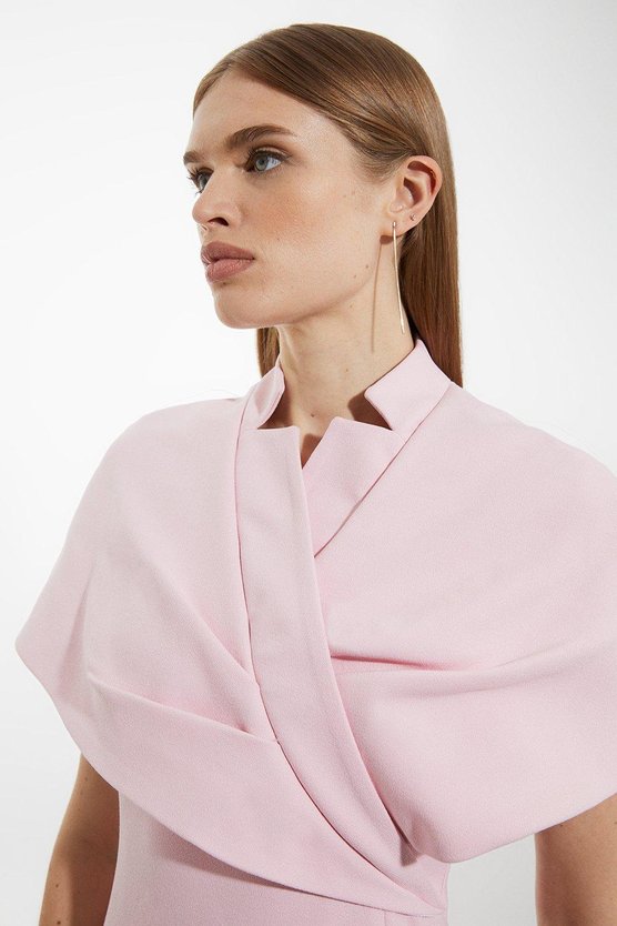 Karen Millen Structured Crepe Cape Detail Full Skirted Tailored Midi Dress Fuchsia