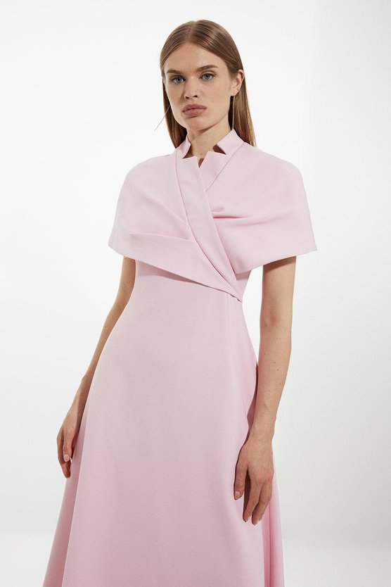 Karen Millen Structured Crepe Cape Detail Full Skirted Tailored Midi Dress Fuchsia