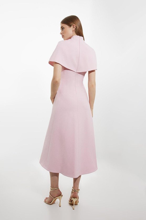 Karen Millen Structured Crepe Cape Detail Full Skirted Tailored Midi Dress Fuchsia