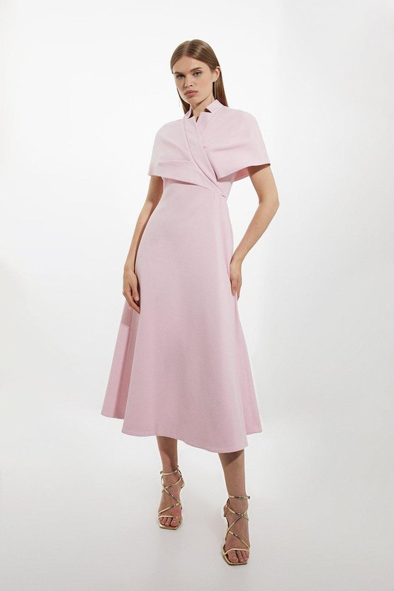 karen millen Structured Crepe Cape Detail Full Skirted Tailored Midi Dress fuchsia