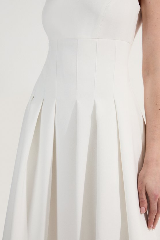 Karen Millen Structured Crepe Ruffle Shoulder Tailored Full Skirted Midi Dress Ivory