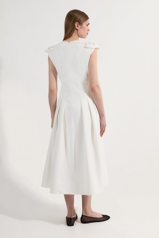 Karen Millen Structured Crepe Ruffle Shoulder Tailored Full Skirted Midi Dress Ivory