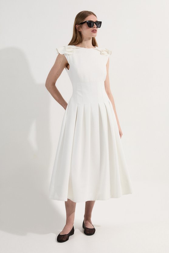 karen millen Structured Crepe Ruffle Shoulder Tailored Full Skirted Midi Dress ivory