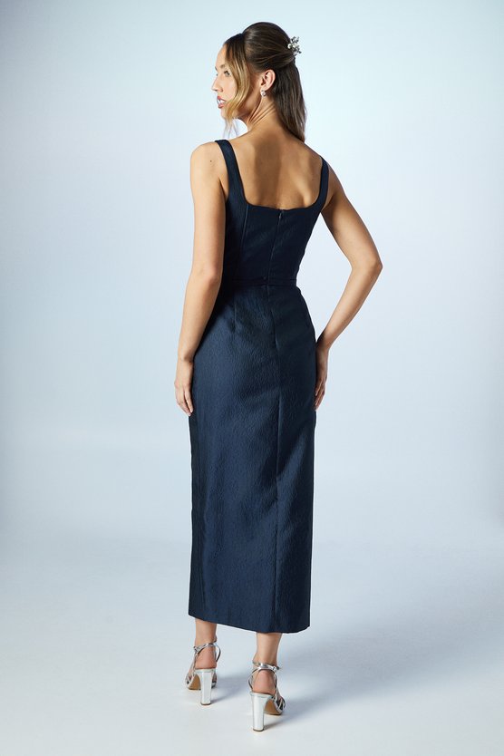 Karen Millen Sweetheart Wrap Over Column Textured Bridesmaid Dress Navy