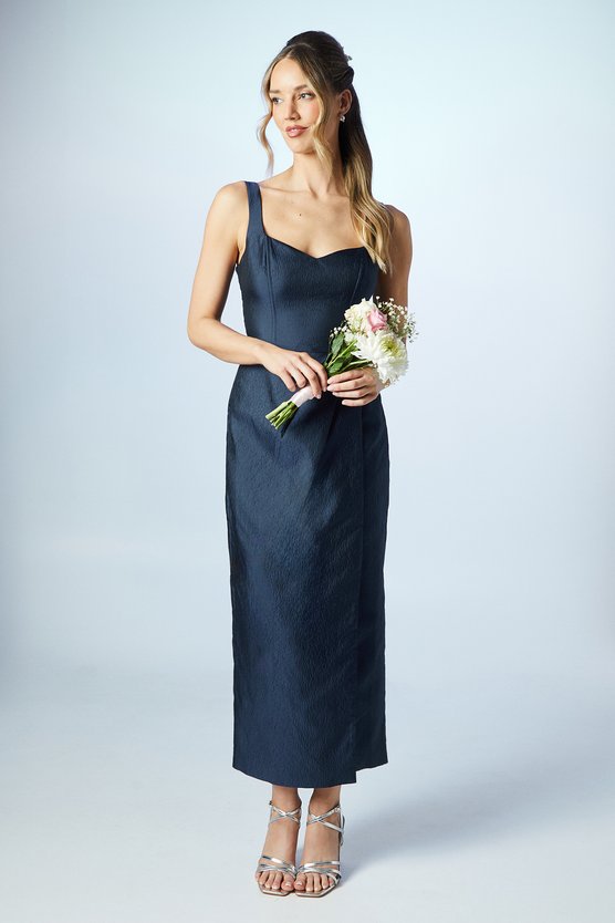 karen millen Sweetheart Wrap Over Column Textured Bridesmaid Dress navy