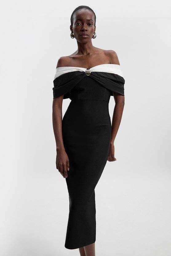 Karen Millen Taffeta Bardot Figure Form Maxi Dress Mono