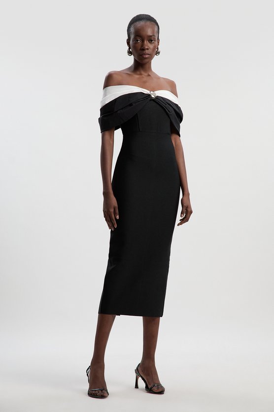 karen millen Taffeta Bardot Figure Form Maxi Dress mono