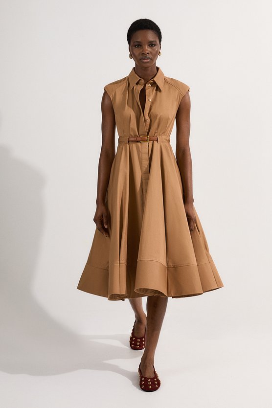 Karen Millen Tailored Cotton Belted Collared Full Midi Dress Camel