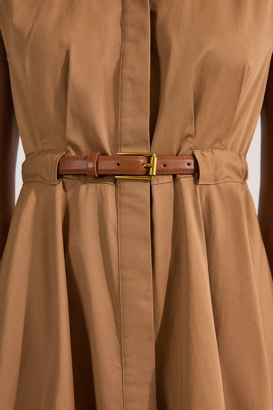 Karen Millen Tailored Cotton Belted Collared Full Midi Dress Camel