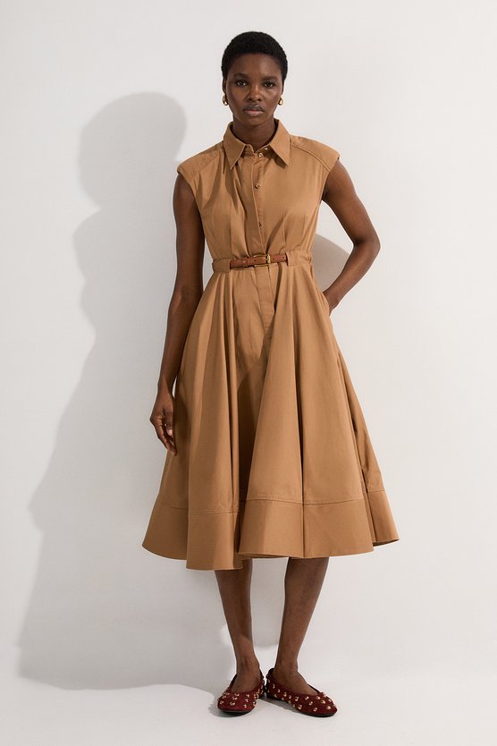 Karen Millen Tailored Cotton Belted Collared Full Midi Dress Camel