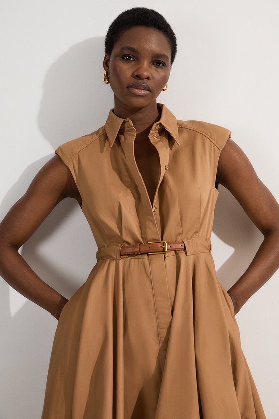karen millen Tailored Cotton Belted Collared Full Midi Dress camel
